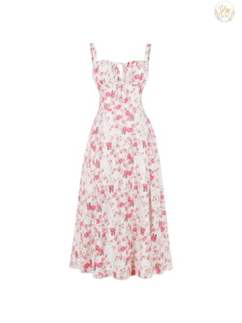 Boho Floral Corset Midi Dress Sleeveless Lace Up Split A-Line Sundress